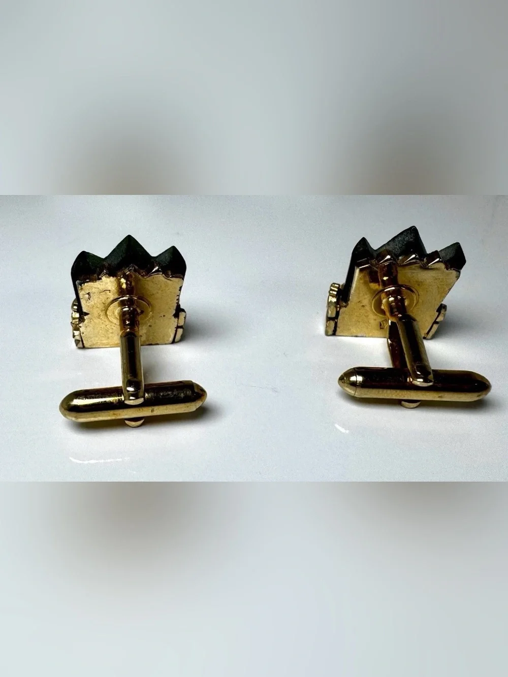 Vintage Crown Shaped Gold & Black Stone Cufflinks Bullet Back Fashion #1542
